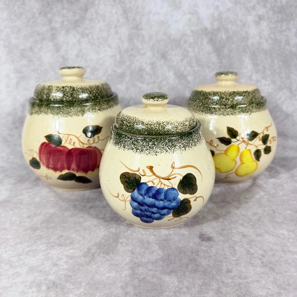 Vtg‎ Kenyield Fruit Canister Set 3pc Ceramic Jars Lids Apple Grape Pear Country